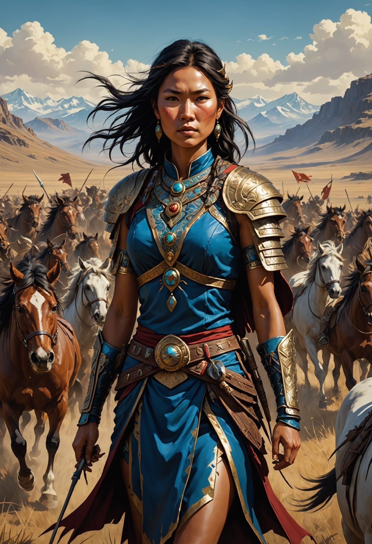 Asian Steppe Leader With Her Horses