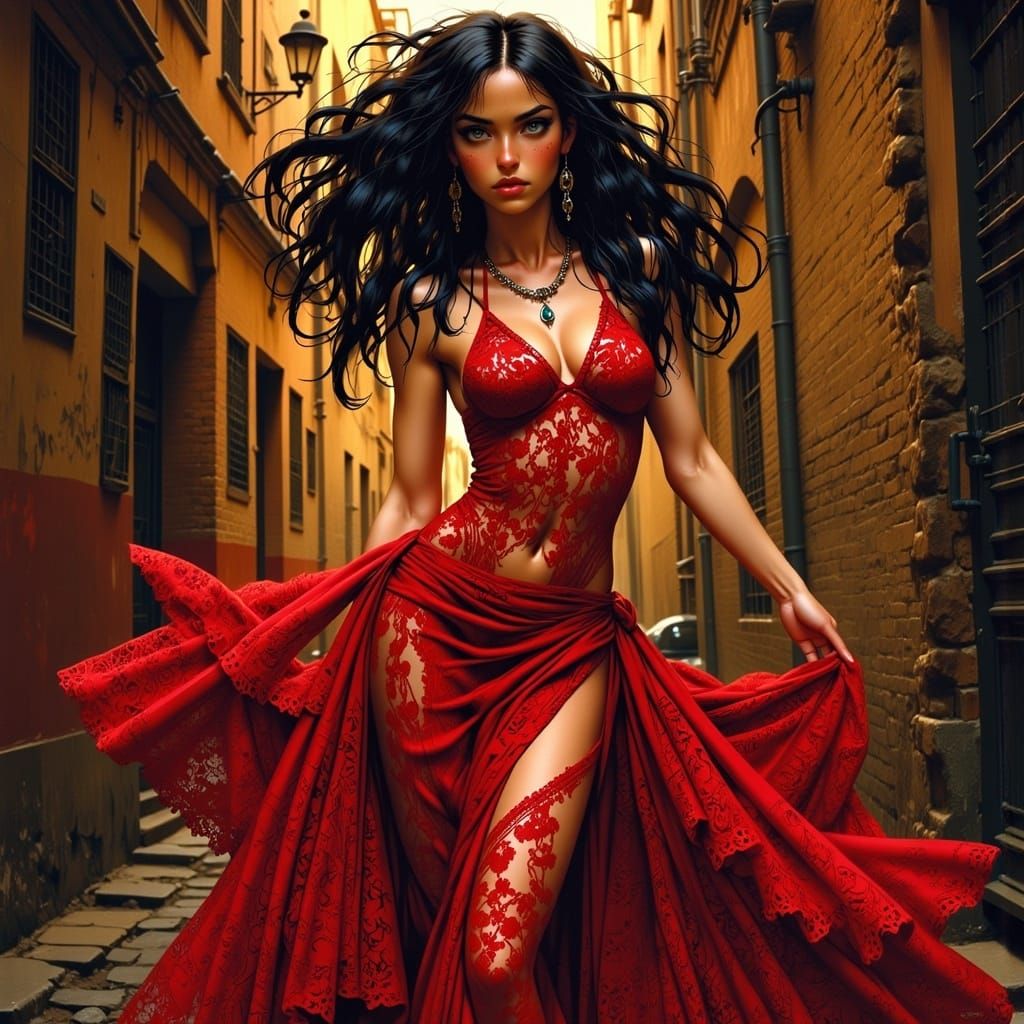 Flamenco Dancer in Red Dress: Digital Impressionism