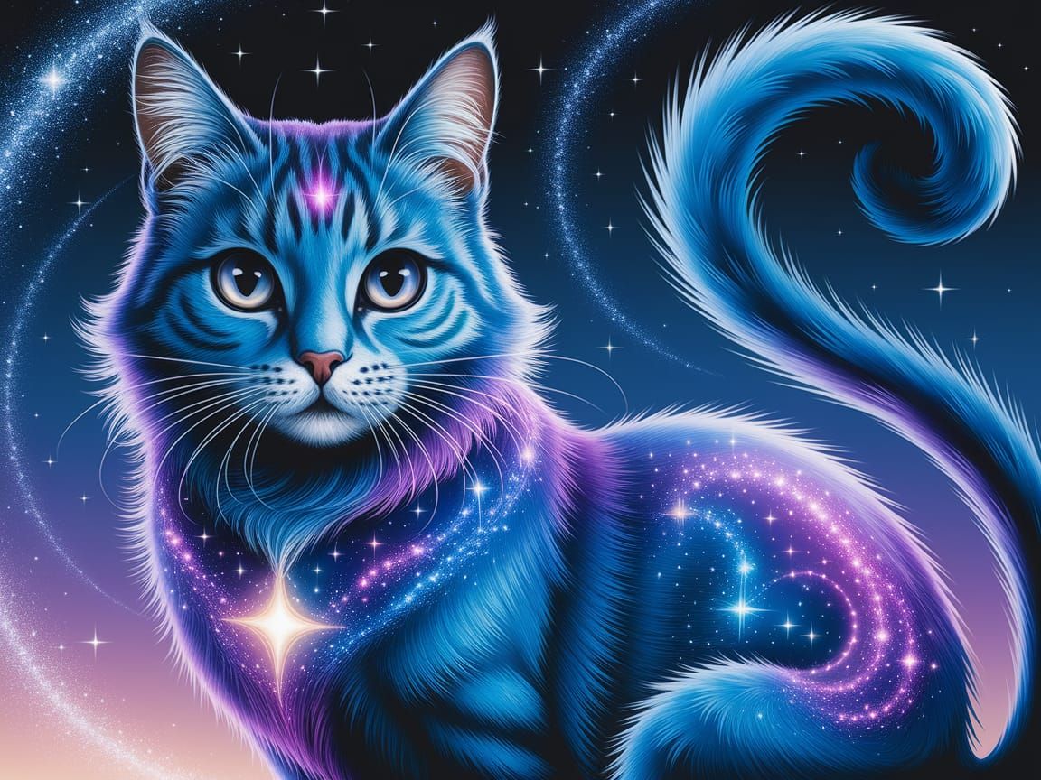 Mystical Blue Cat in Ethereal Fantasy Art