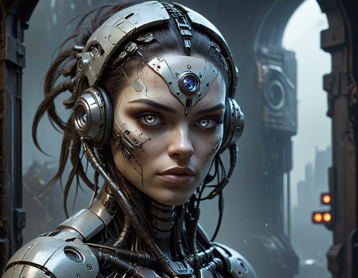 Cyborg Warrior in a Futuristic Metropolis