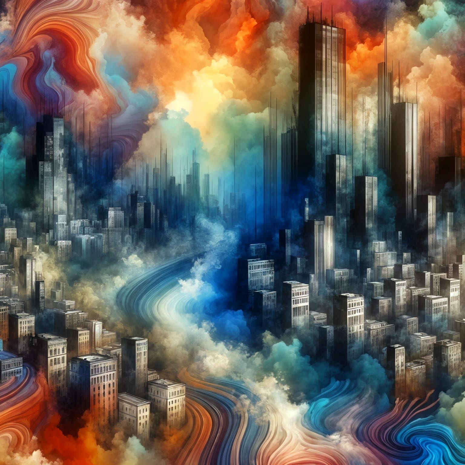 Abstract Cityscape in Suminagashi Style