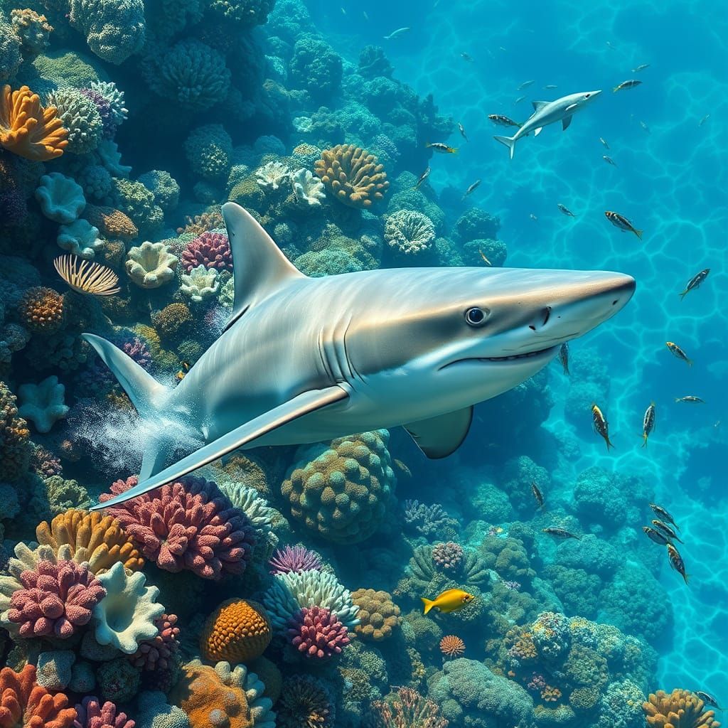 Majestic Grey Reef Shark in Dreamlike Underwater Landscape