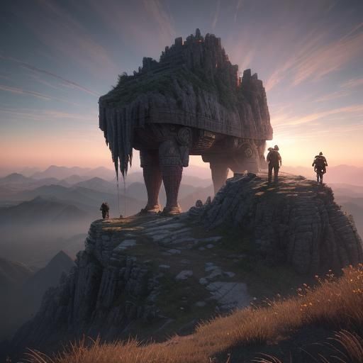 Epic RPG Characters on Mountain Peak at Sunset