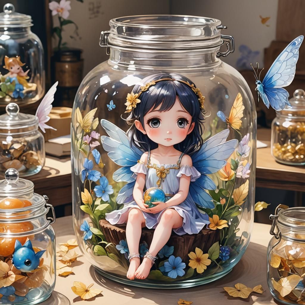 Chibi Fairy Princess in Jar: Anime Watercolor Art