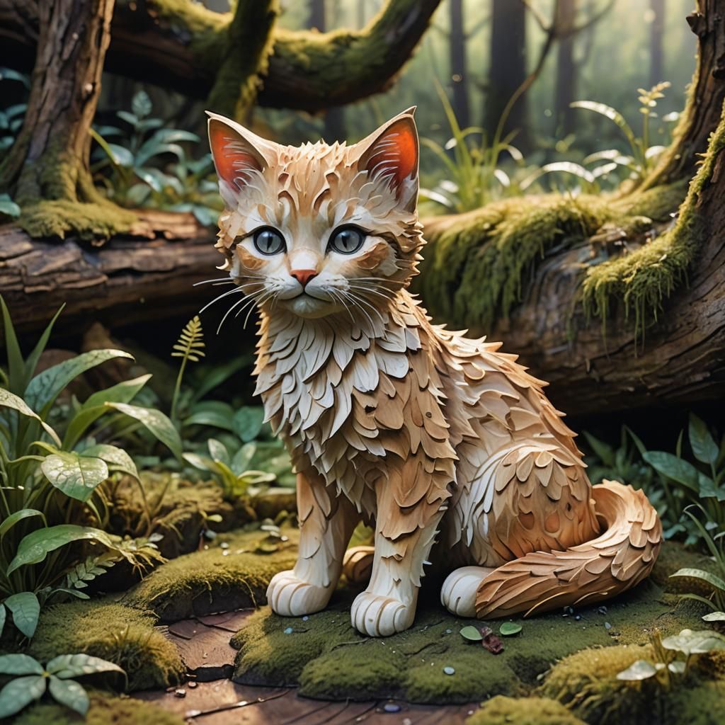 Intricate Wood Carving of Kitten in Forest