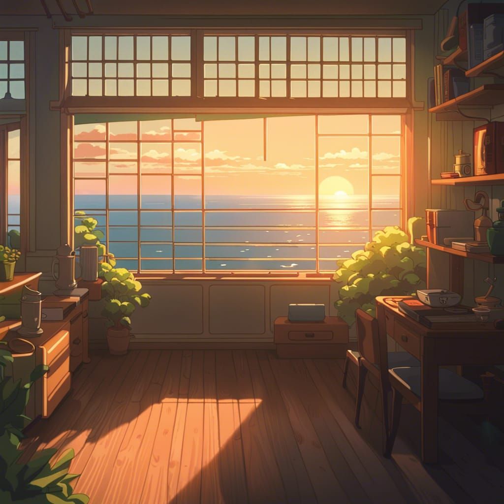 Cozy Lofi Ocean View in Ghibli Anime Style