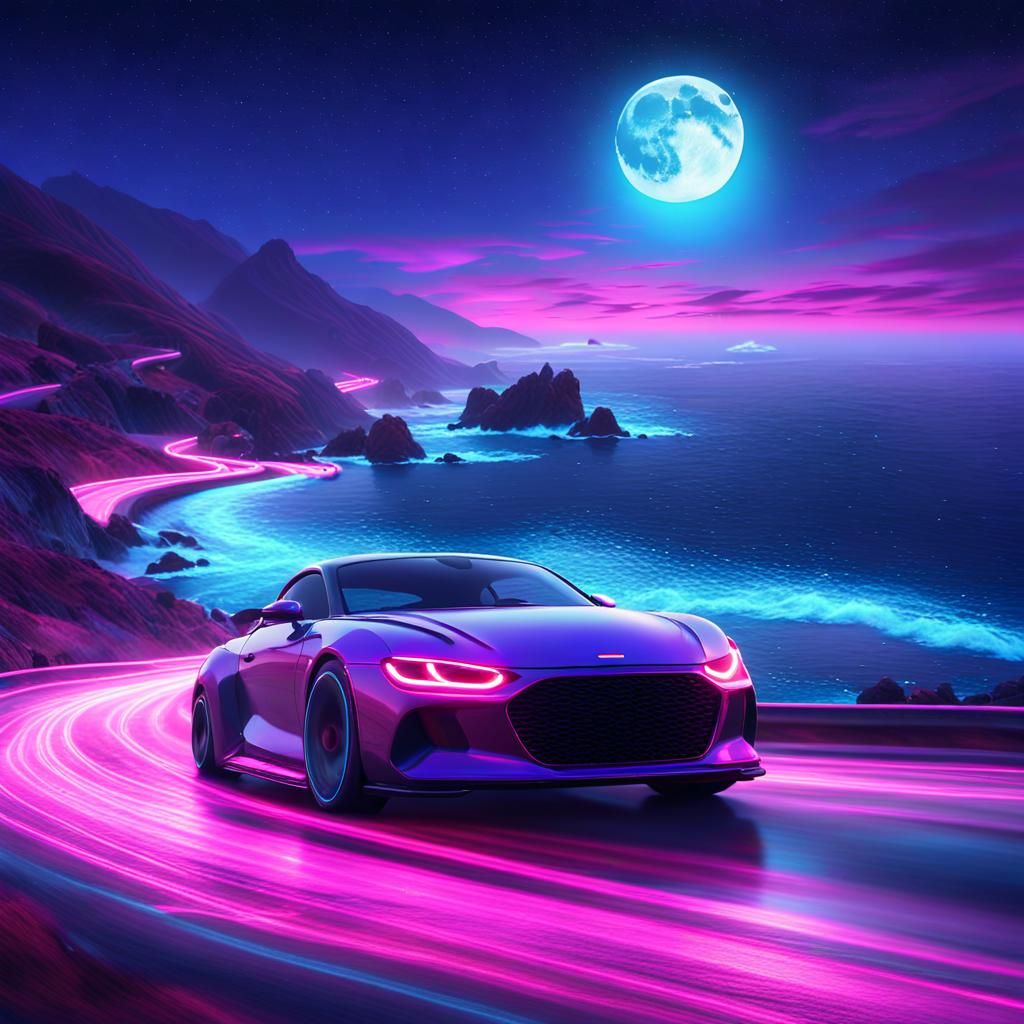 Neon Coast: Fast Car at Night in Fantasy Style
