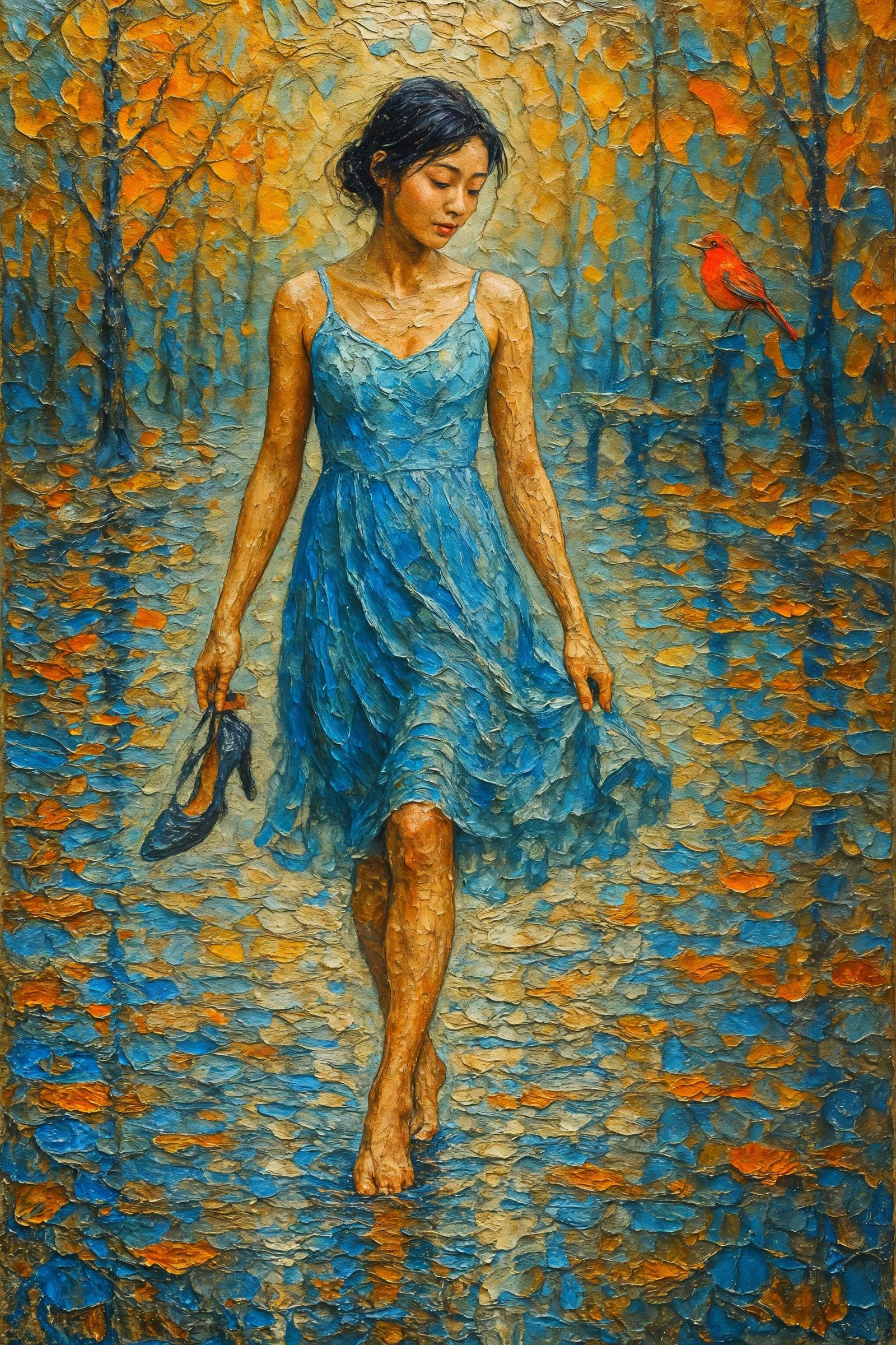 Impasto Painting: Woman Strolling Through Autumn Reflections