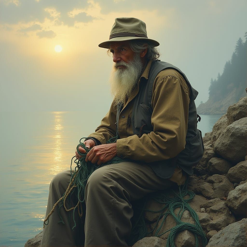 Weary Fisherman Contemplates Serene Lake at Dawn