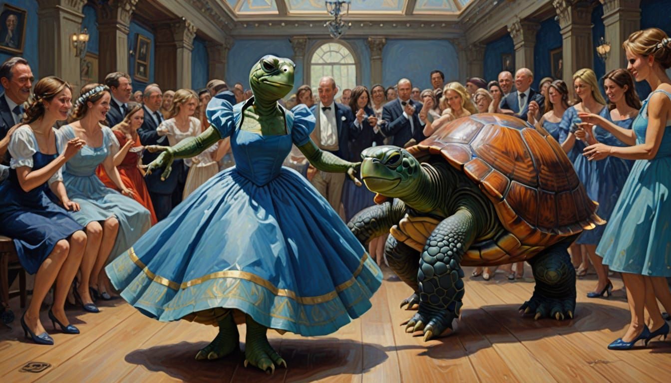 Singing Turtle and Shy Girl: Oil Painting by Gurney