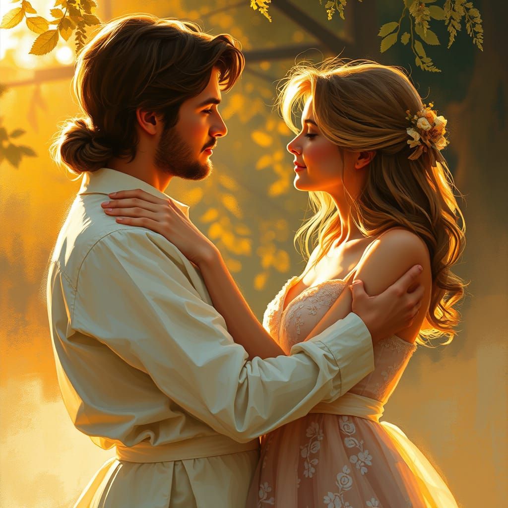 Couple Embracing in Golden Light, Impressionist Style