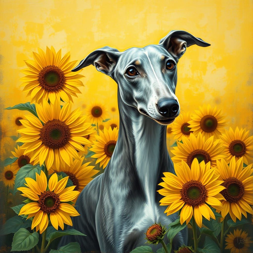 A Greyhound with Sunflowers