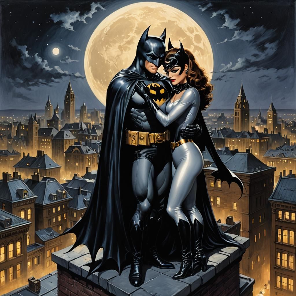 Batman and Catwoman Rooftop Embrace in Fantasy Art Style