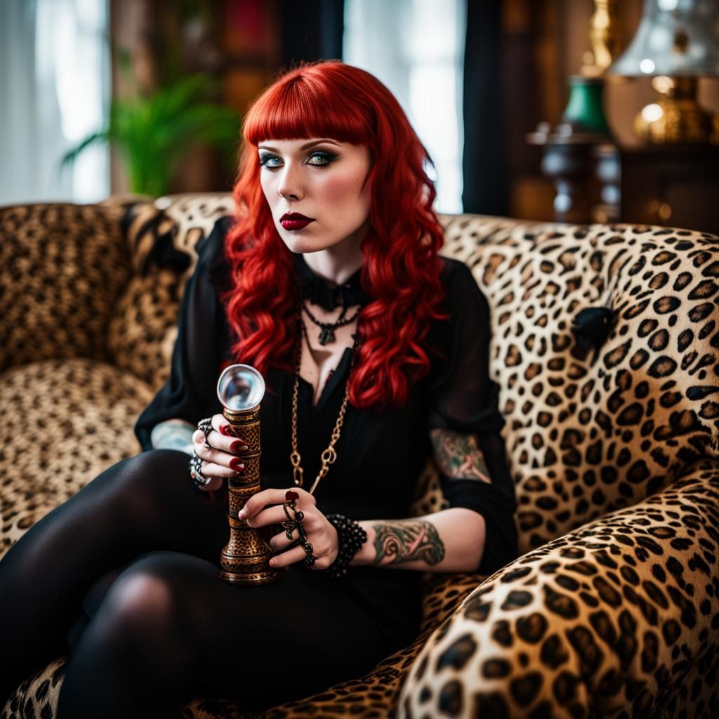Redhead Goth Smoking with Cheetah Print Couch