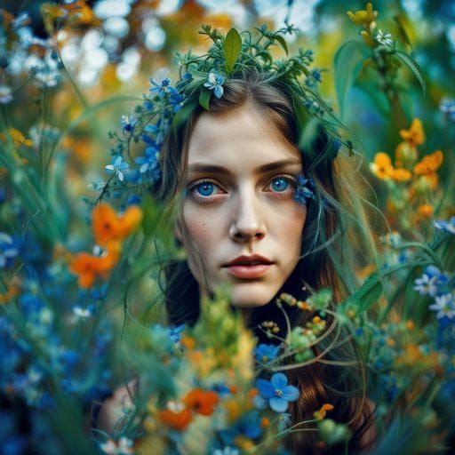 Girl Shielded by Flowers: A Moment of Seclusion