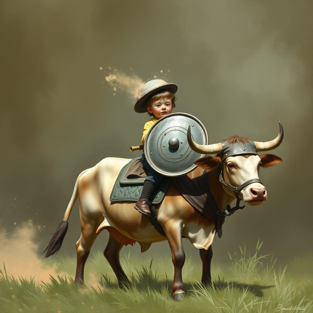 Dutch Boy Riding Armored Cow in Mock Battle