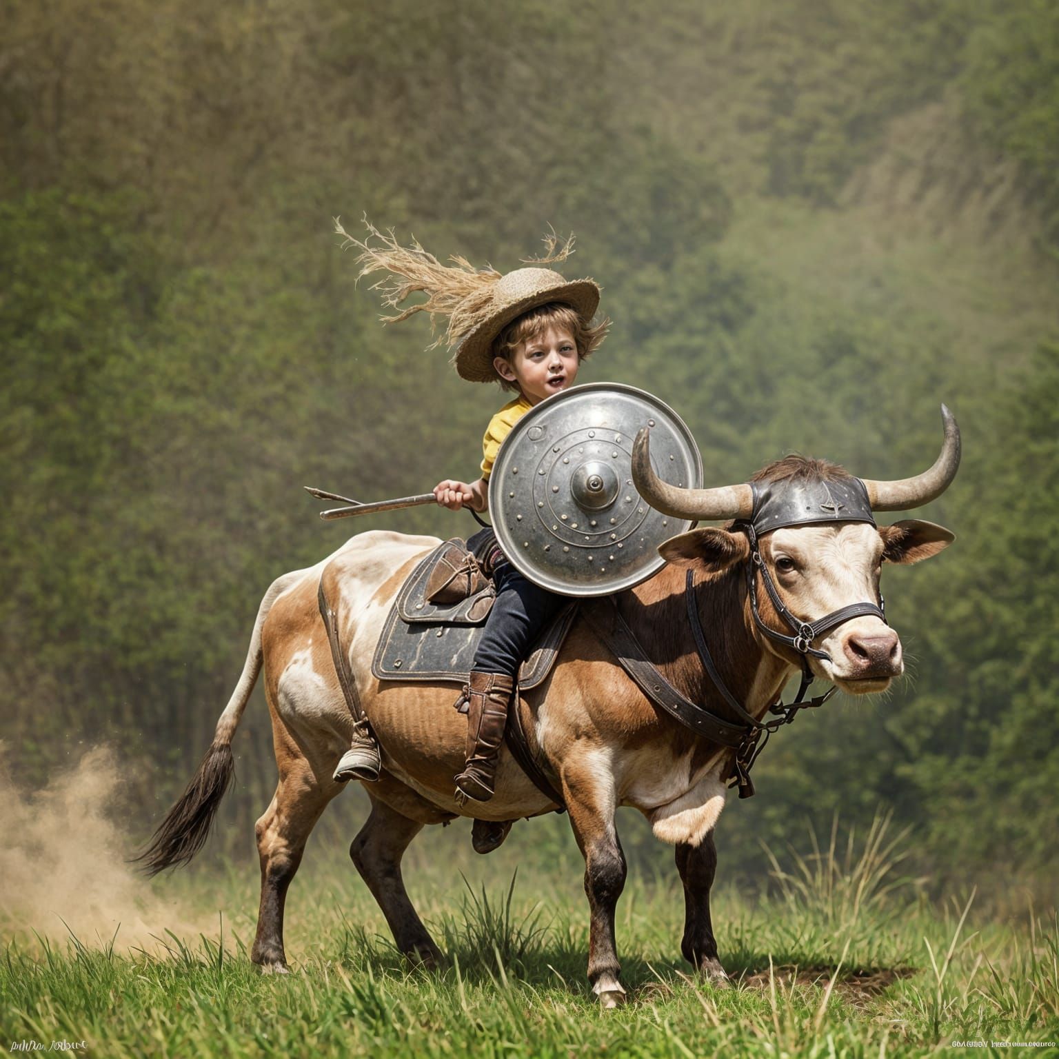 Dutch Boy Riding Armored Cow in Mock Battle