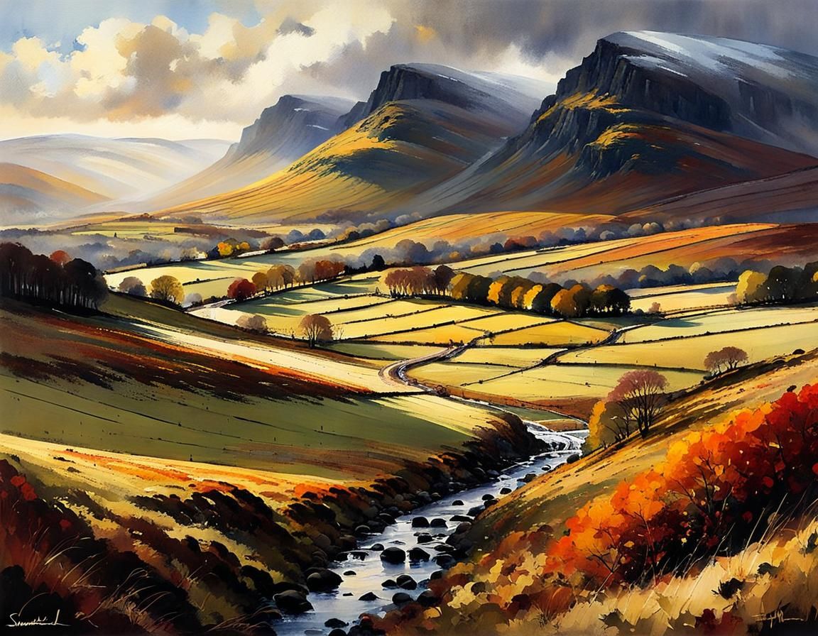 Vibrant Scottish Autumn Landscape Illuminated in Golden Even...