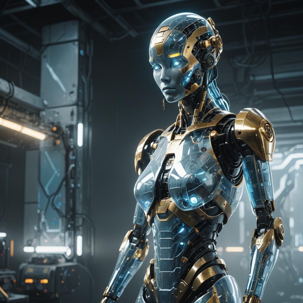 Translucent Robot Woman Statue with Golden Accents