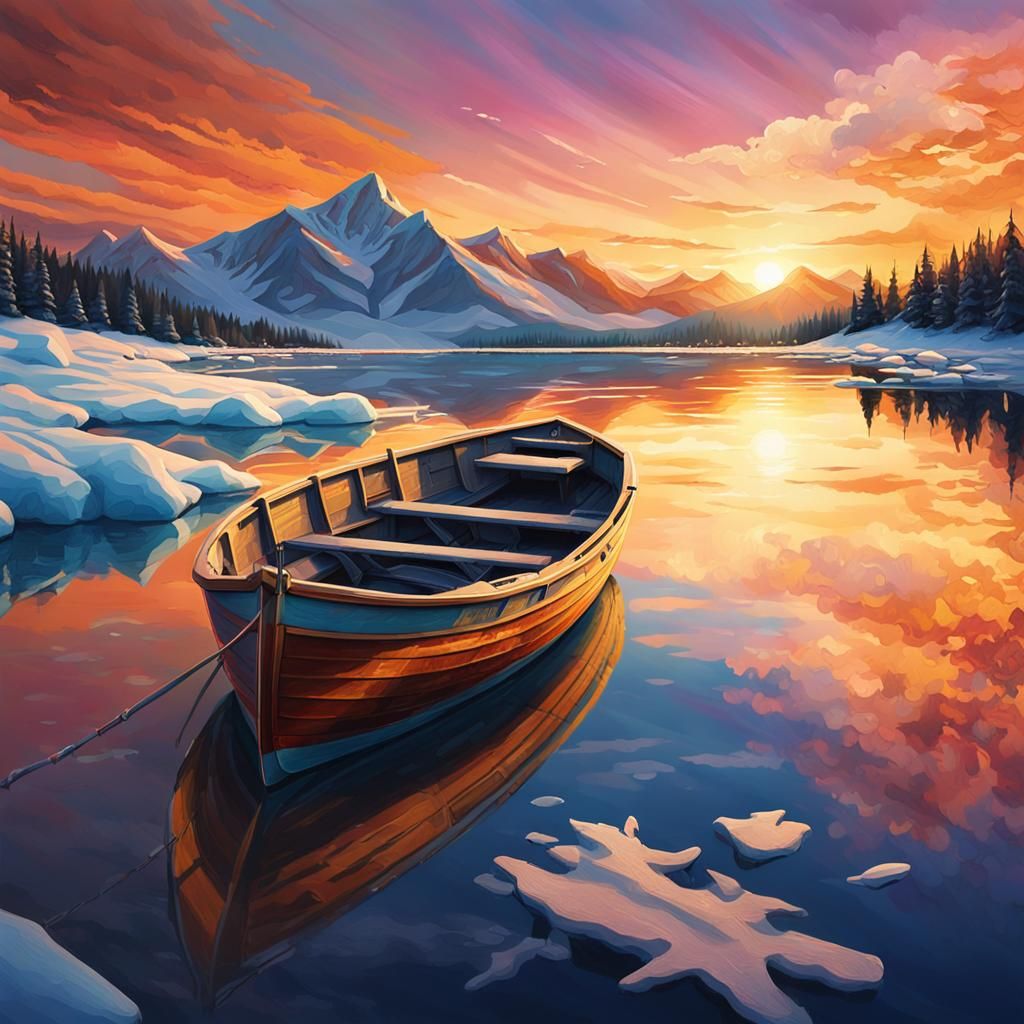 Hyperrealistic Boat on Lake at Sunset