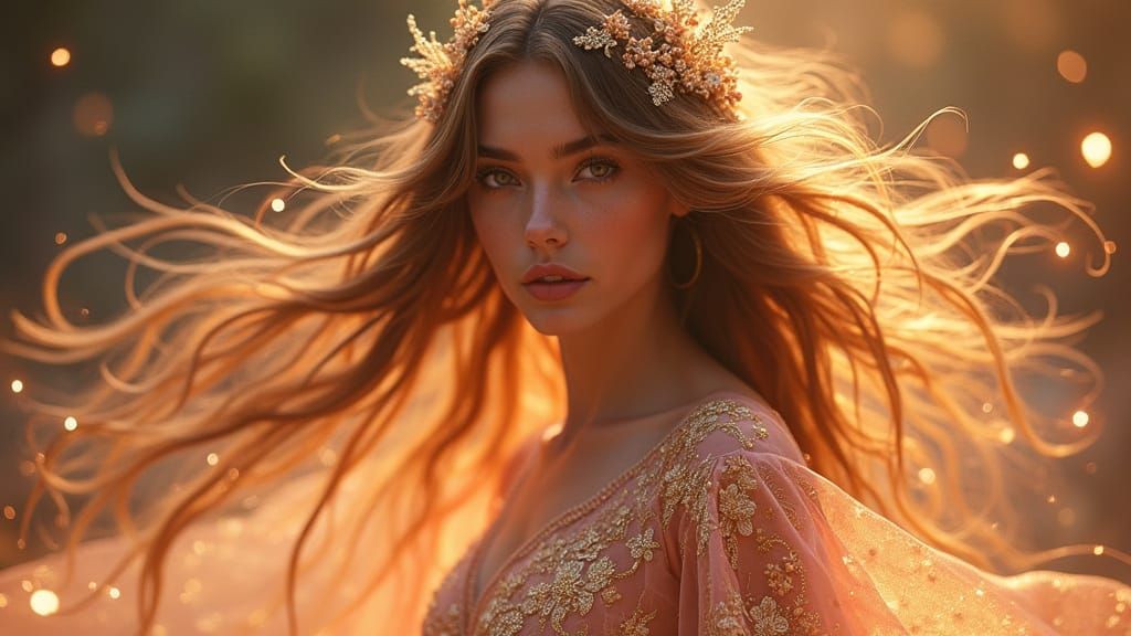 Ethereal Fantasy Goddess in Rose-Gold Gown Amidst Celestial ...