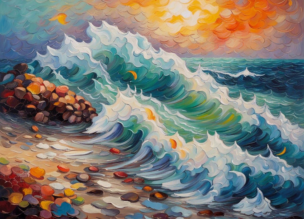 Expressionist Beach Scene with Big Waves