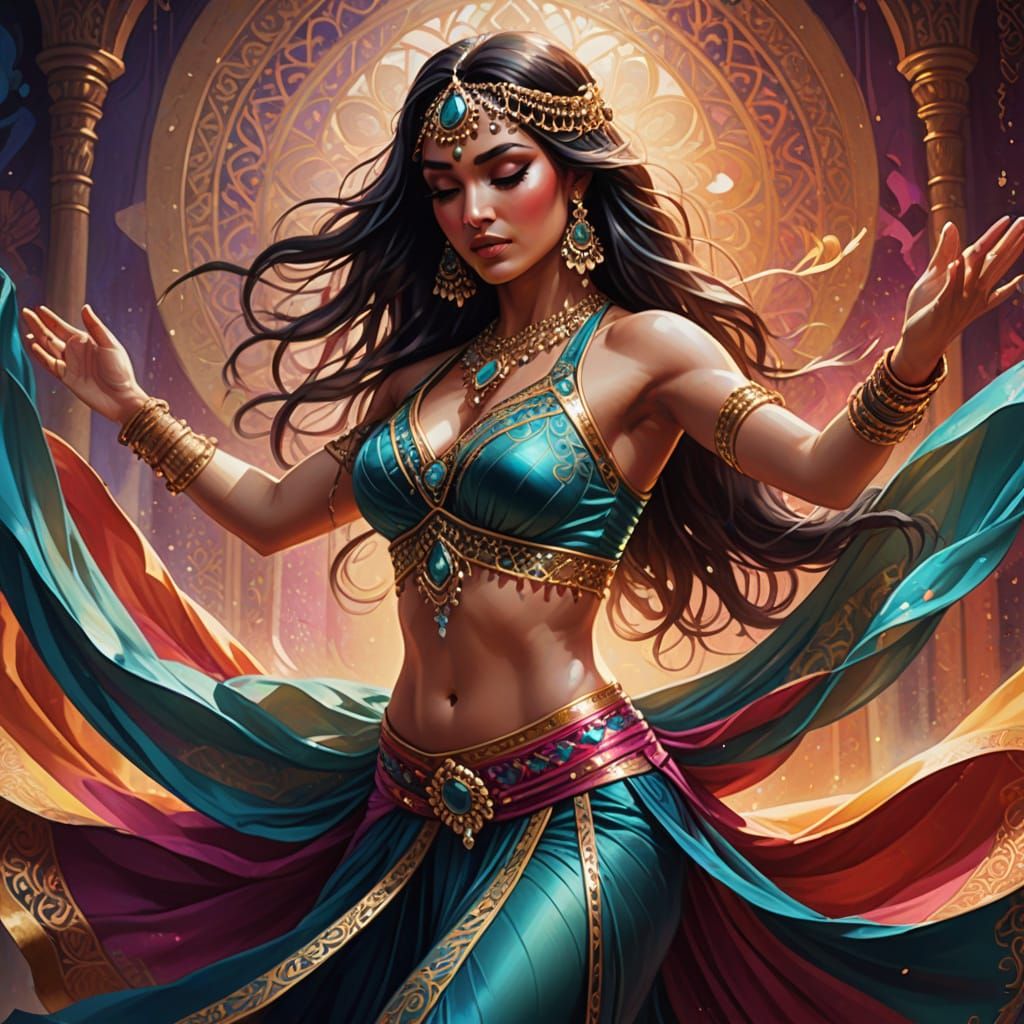Belly Dancer in Ethereal Glow, Vibrant Jewel Tones