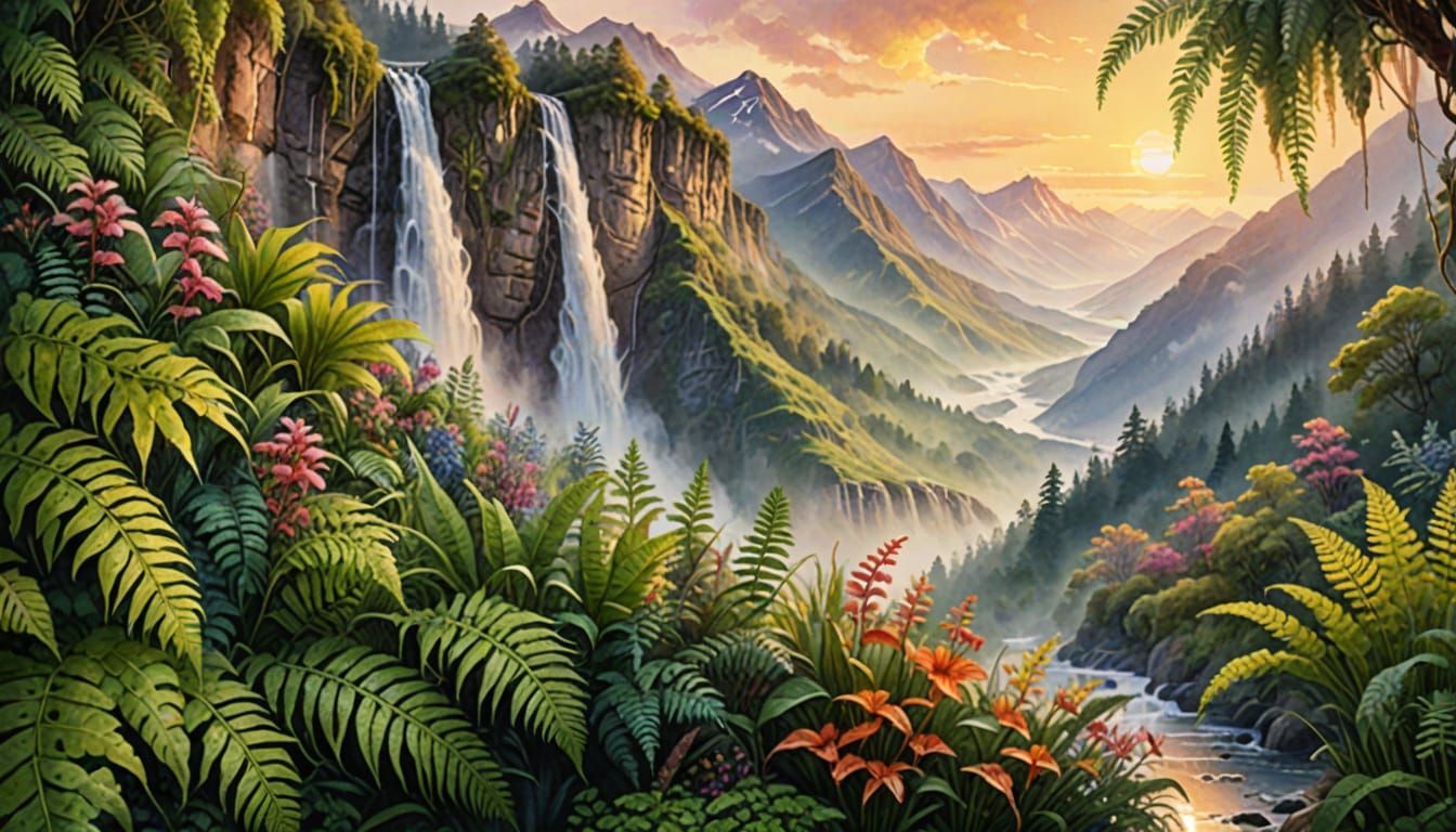 Misty Mountains Sunrise in Watercolor Style