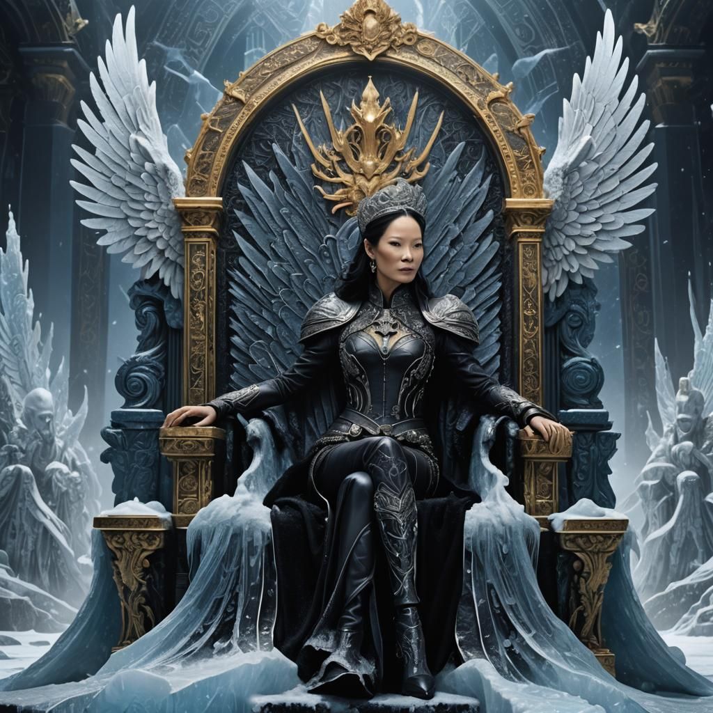 Black Angel Queen on Ice Throne, Fantasy Art