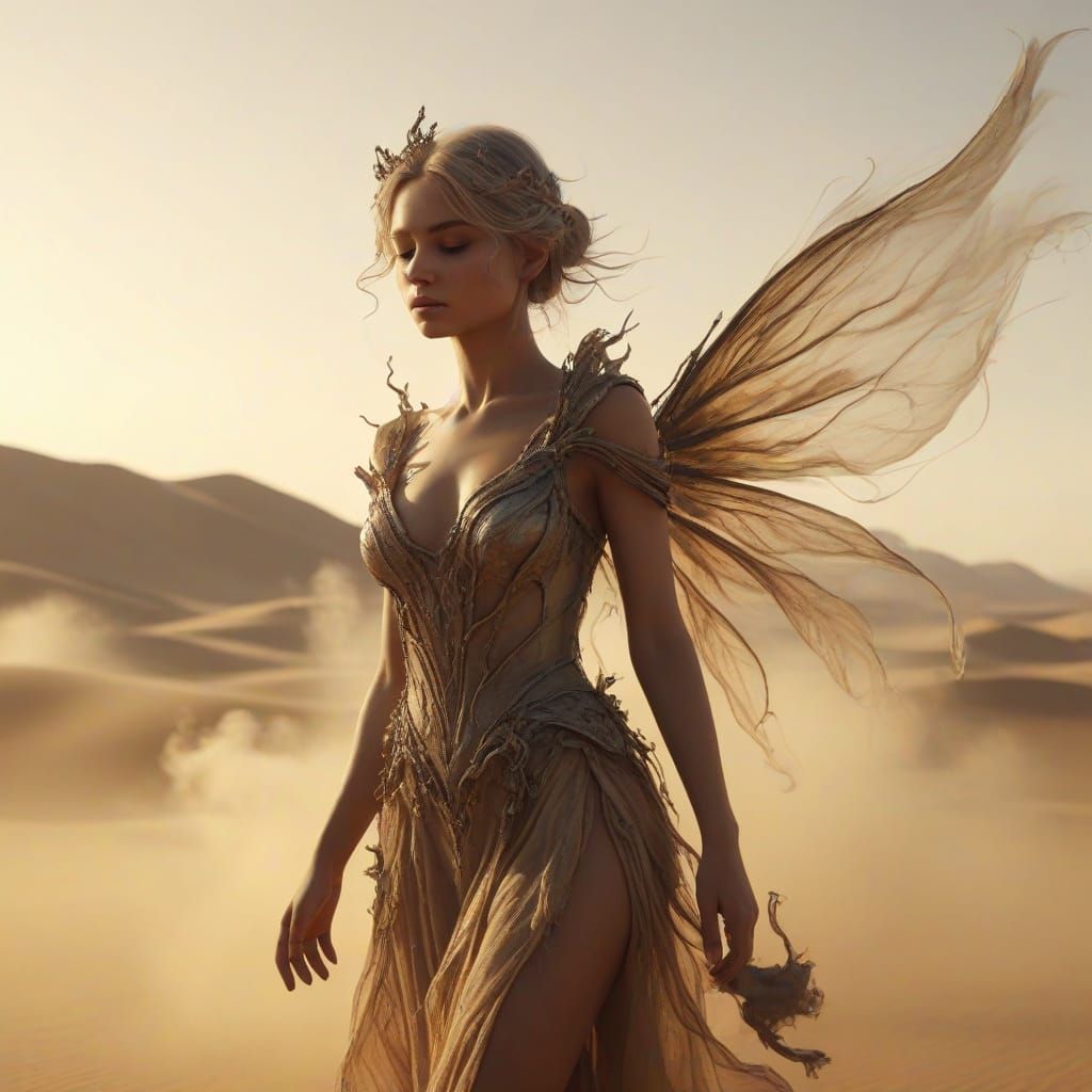 Smoke Fairy in Desert Sandstorm: Surreal Illustration