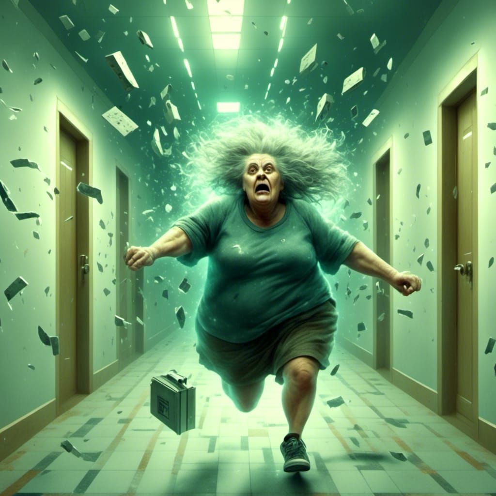 Surreal Older Woman Runs Through Hallway