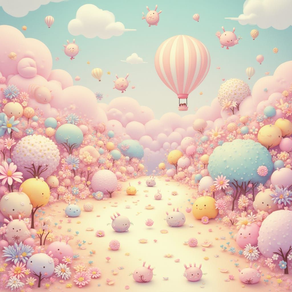 Pastel Kawaii Scene in Takashi Murakami Style