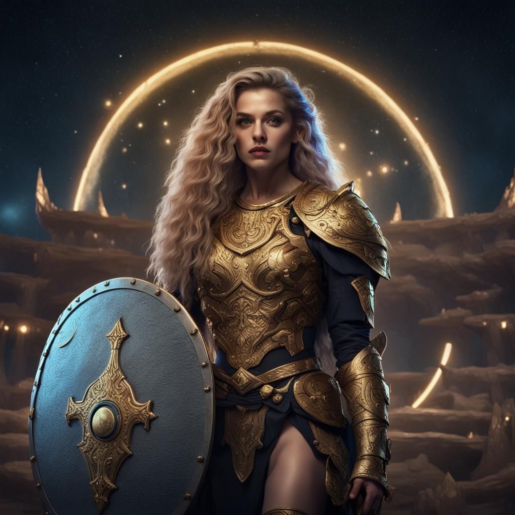 Warrior Woman in Gold Costume with Shield