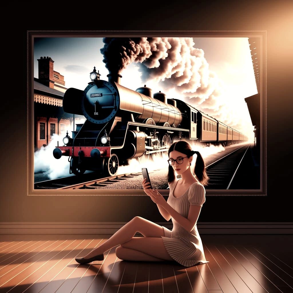 Surreal Steam Train Scene in a Vintage Gallery