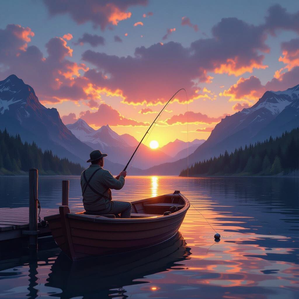 Man Fishing on Wooden Boat at Sunset with Mountains