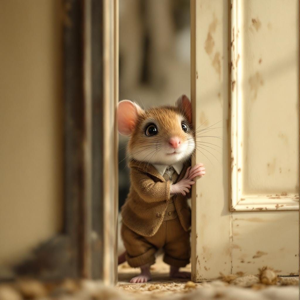 Adorable Mouse Peeks From Corner in Cozy House