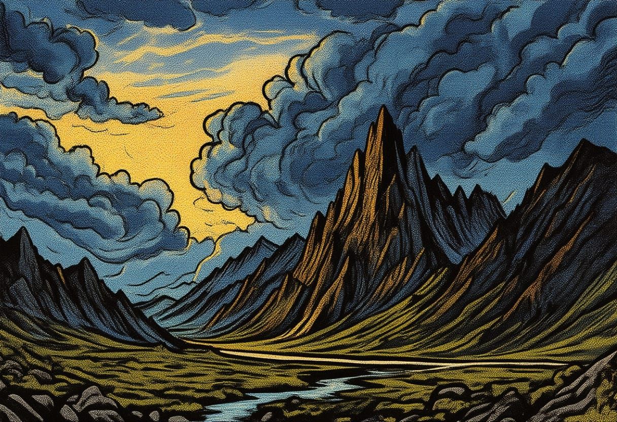 Storm Gathers Over Rugged Mountains with Lightning