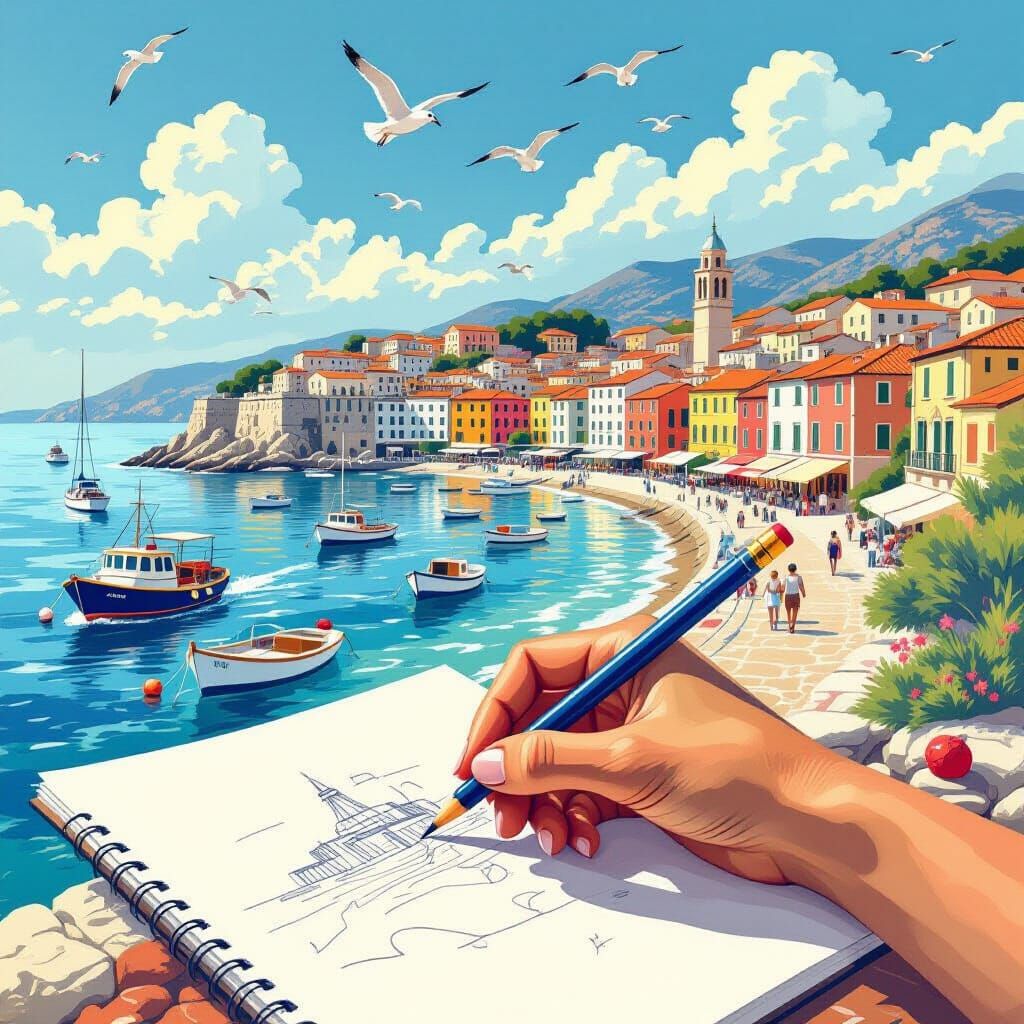 Sketching a Seaside Town in Vintage Poster Style