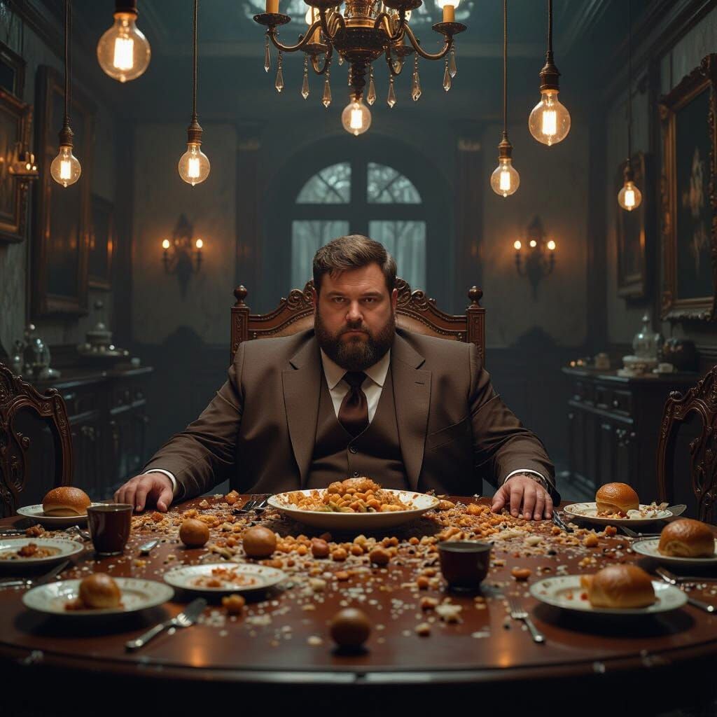 Obese Man in Brown Suit with Rotting Food