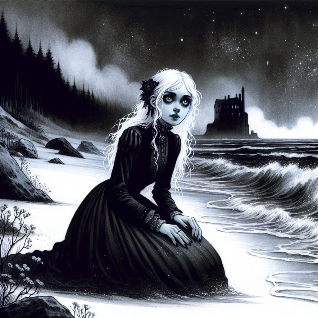 A Victorian Woman Confronts the Sea's Mystery in Monochromat...