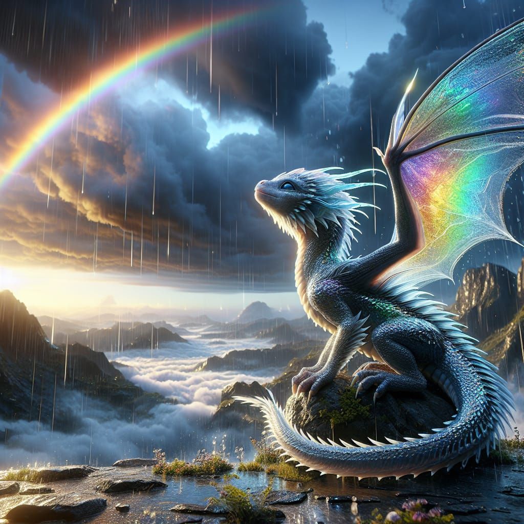 Baby Dragon in Storm with Rainbow Wings