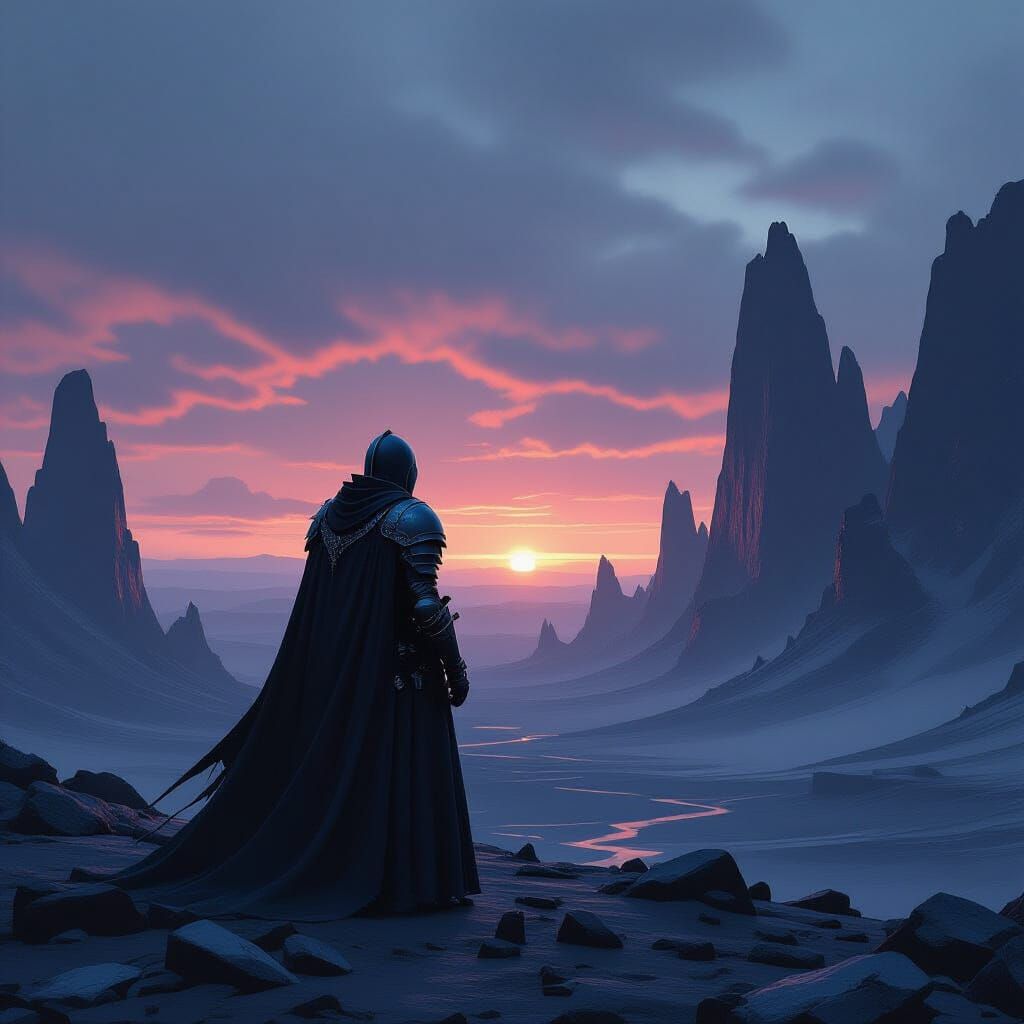 Knight in Obsidian Armor on Windswept Plateau