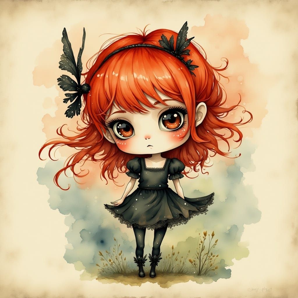 Chibi Gothic Girl Portrait with 1980s Red Hair