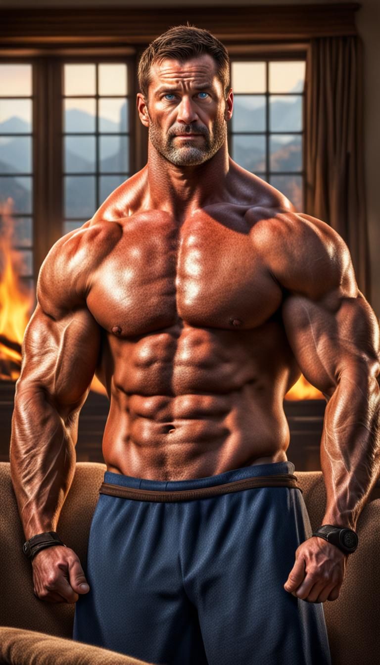 Handsome, Shirtless Dad with Thick Muscles and Blue Eyes, Ca...