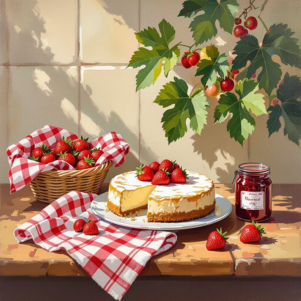Rustic Cheesecake Still Life in Impressionist Style