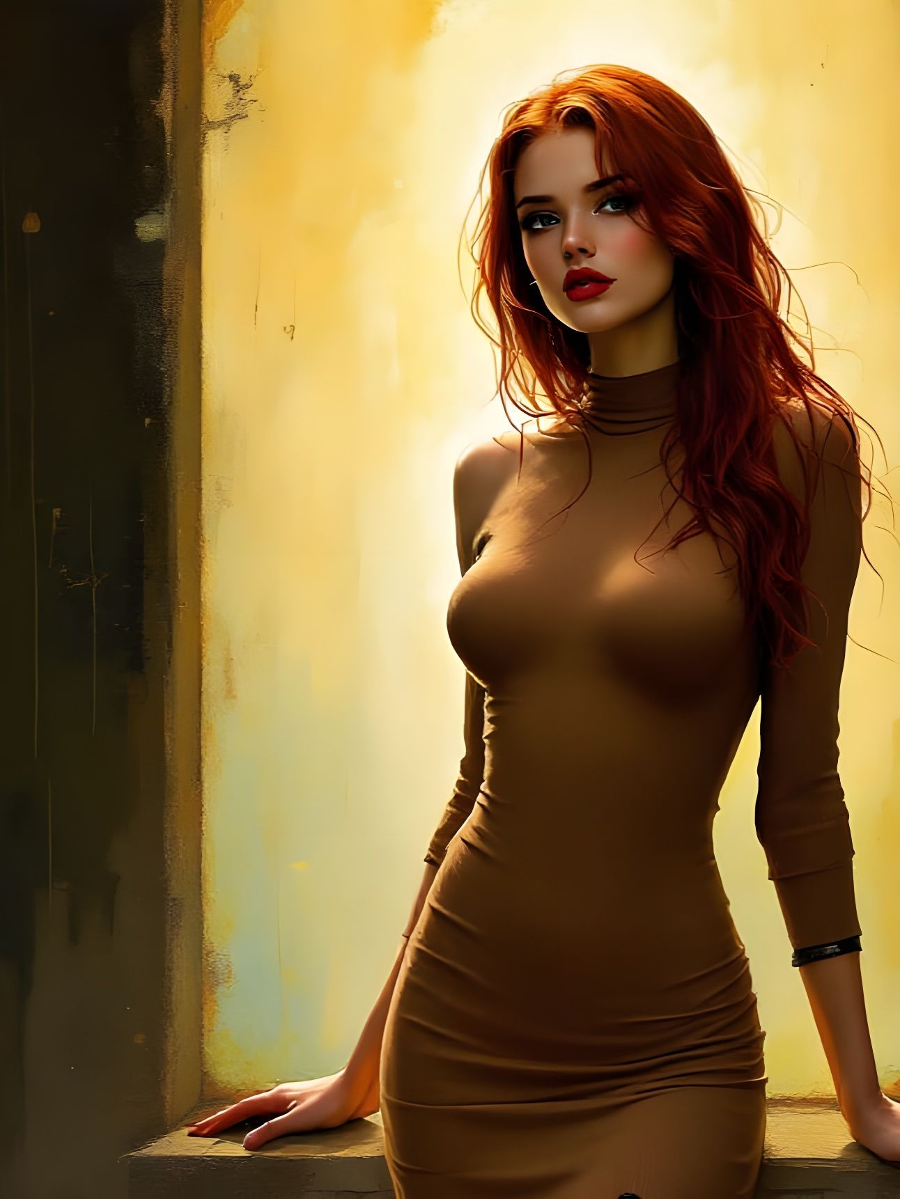 Redhead Pin-Up in Cinnamon Dress, Tonalist Style