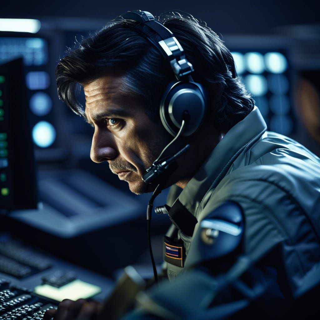 Hyperrealistic Portrait: Sweating Pilot in Control Room