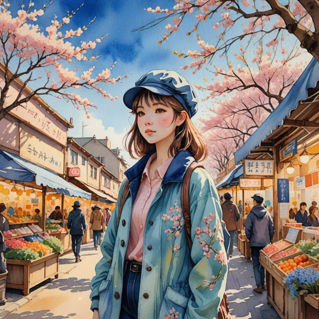 Anime Girl in Spring Marketplace with Watercolor Texture