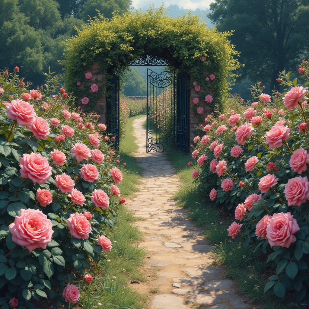 Overhead Rose Garden Path in Impressionistic Realism