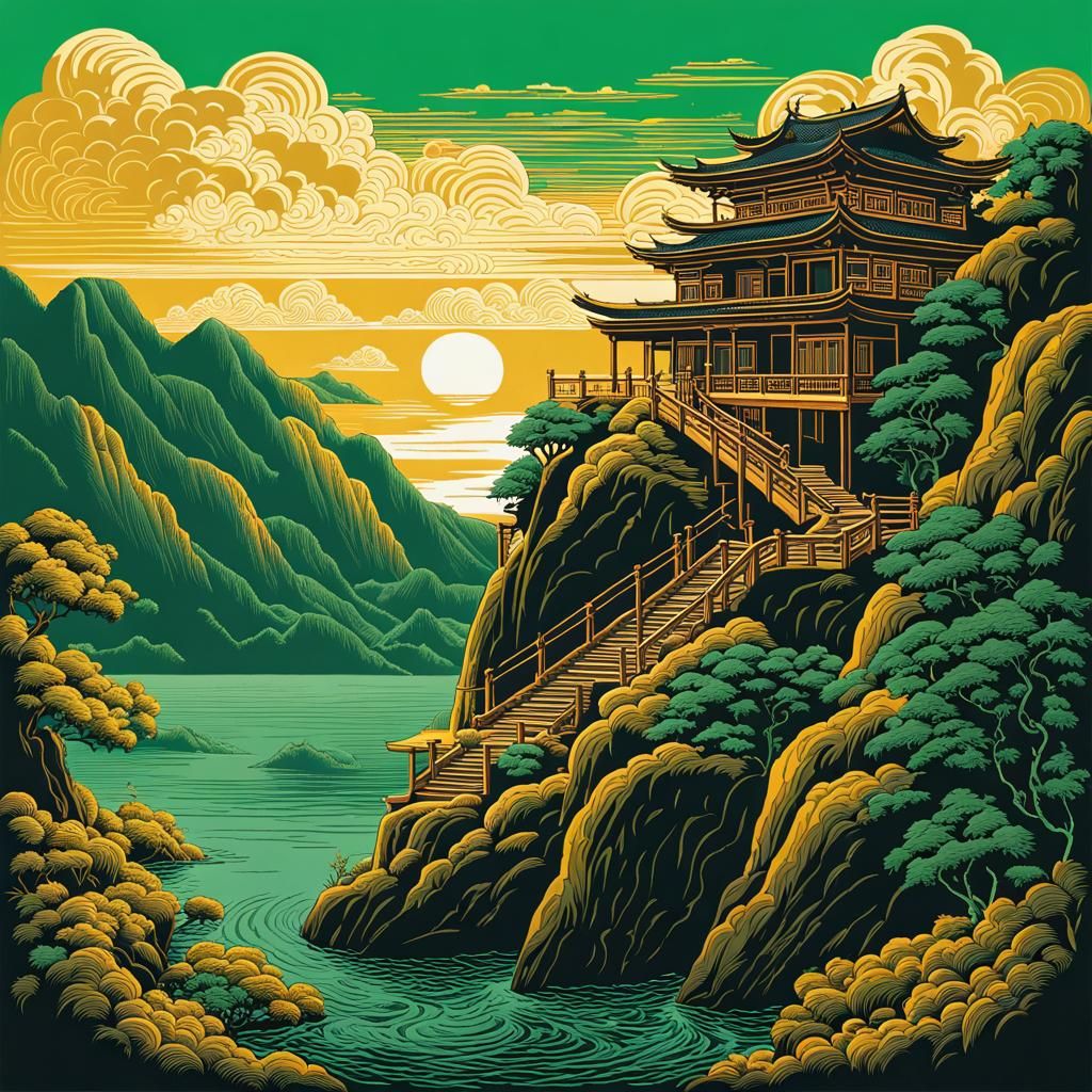 Tranquil Taiwanese Home in Sky as Linocut
